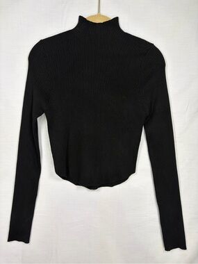Zenana Ribbed Black Knit Minimalist Long Sleeve Cropped Pullover Sweater Medium